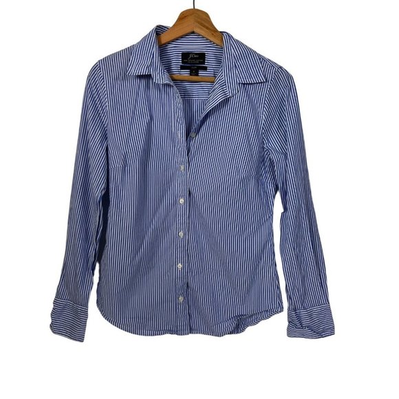 J. Crew Tops - J. Crew Blue White Stripe Button Down Shirt Long Sleeves Organic Cotton size 4